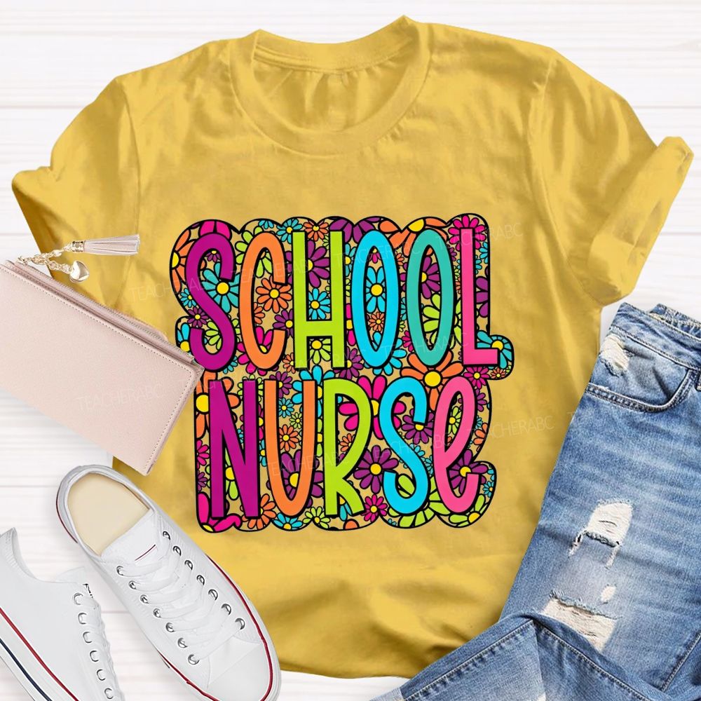 School Nurse Bright Multicolor Floral Letter Wildflower T-shirt