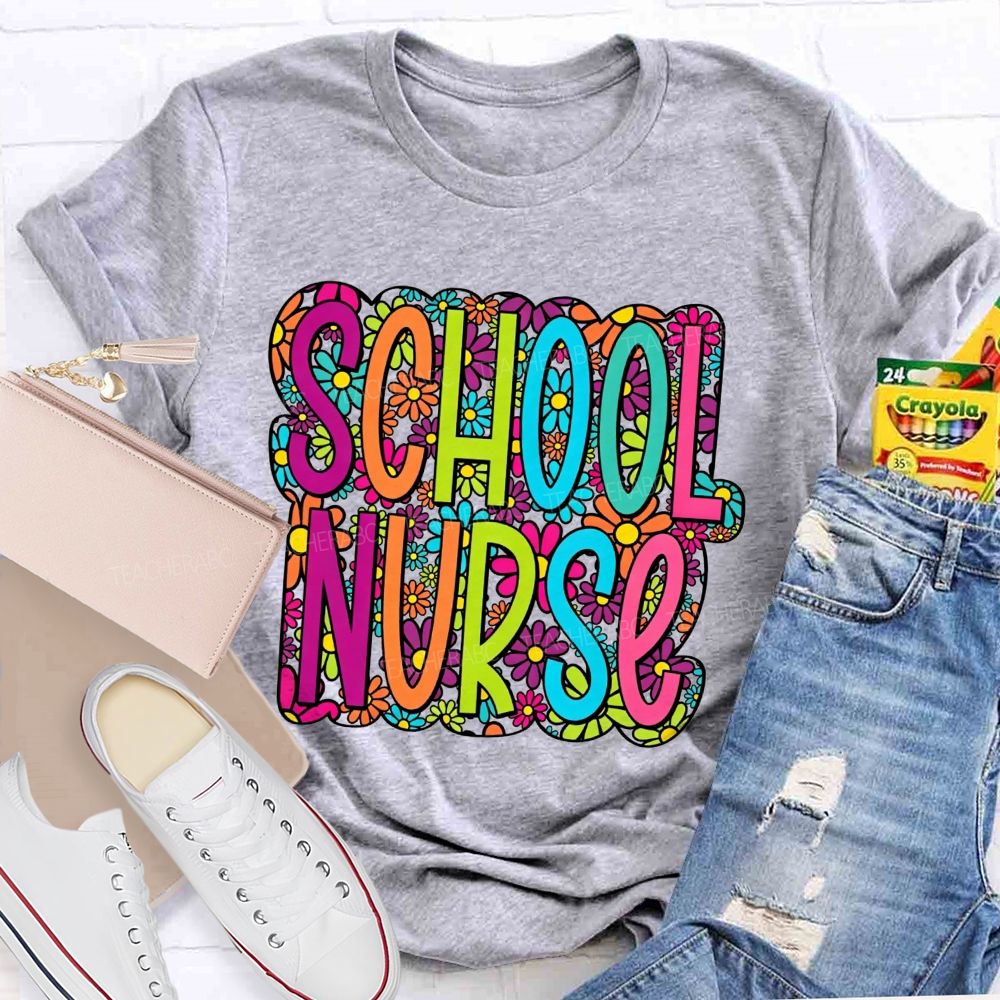 School Nurse Bright Multicolor Floral Letter Wildflower T-shirt