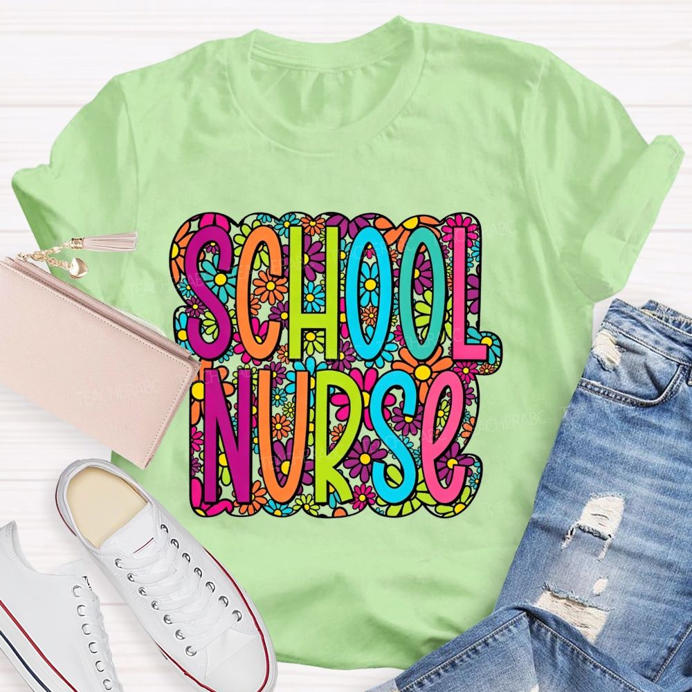 School Nurse Bright Multicolor Floral Letter Wildflower T-shirt