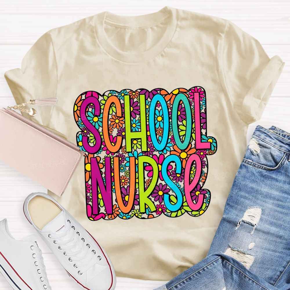 School Nurse Bright Multicolor Floral Letter Wildflower T-shirt