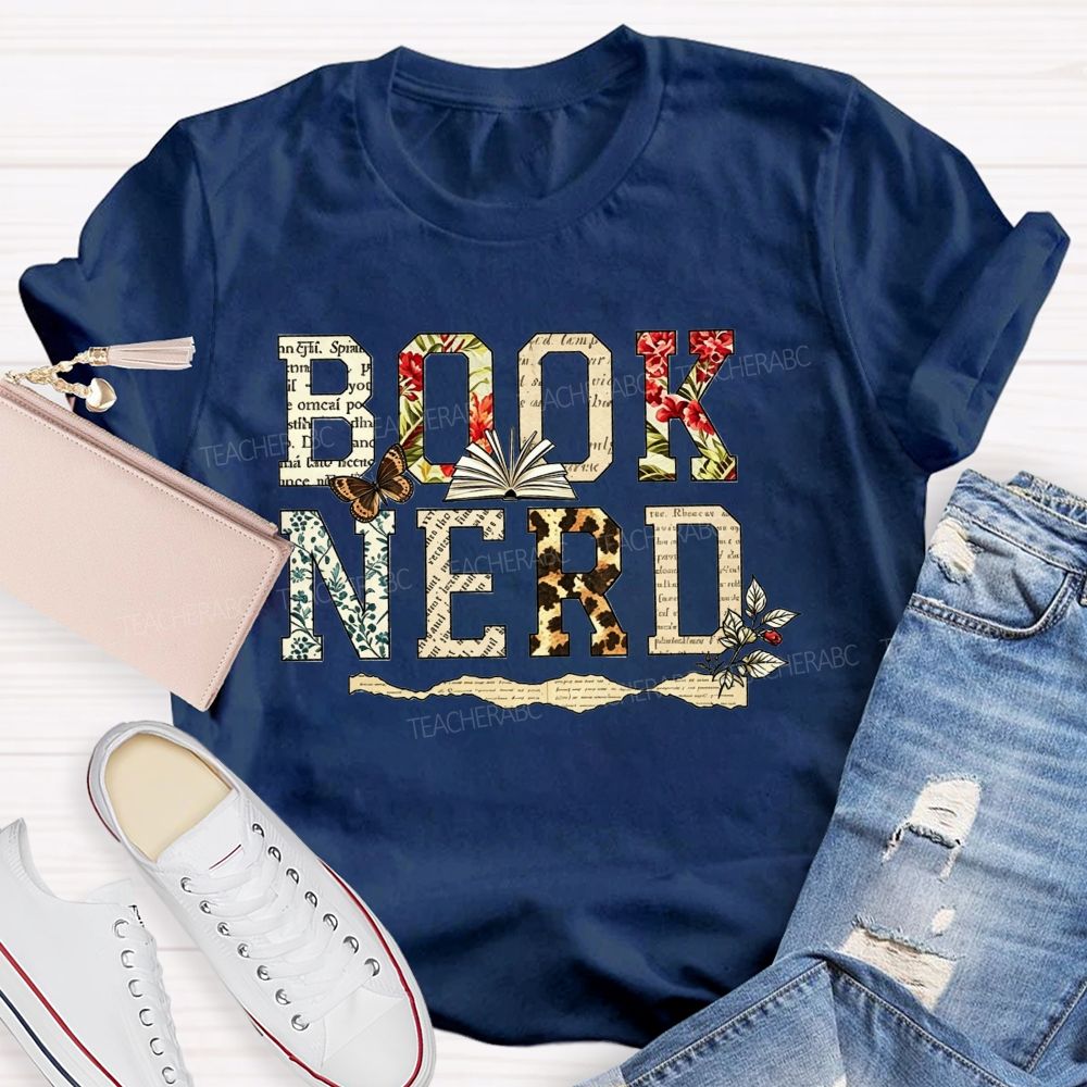 Book Nerd And Floral Leopard Butterfly Open Book Reader T-shirt
