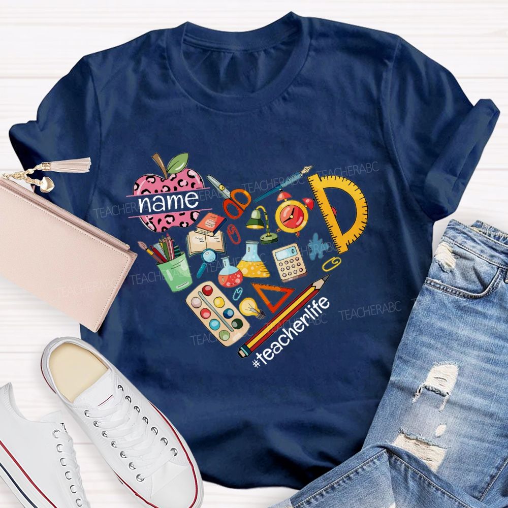 Personalized Name Pink Leopard Apple Back To School Teacher T-Shirt