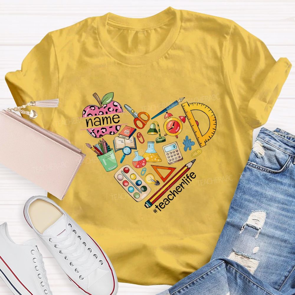 Personalized Name Pink Leopard Apple Back To School Teacher T-Shirt