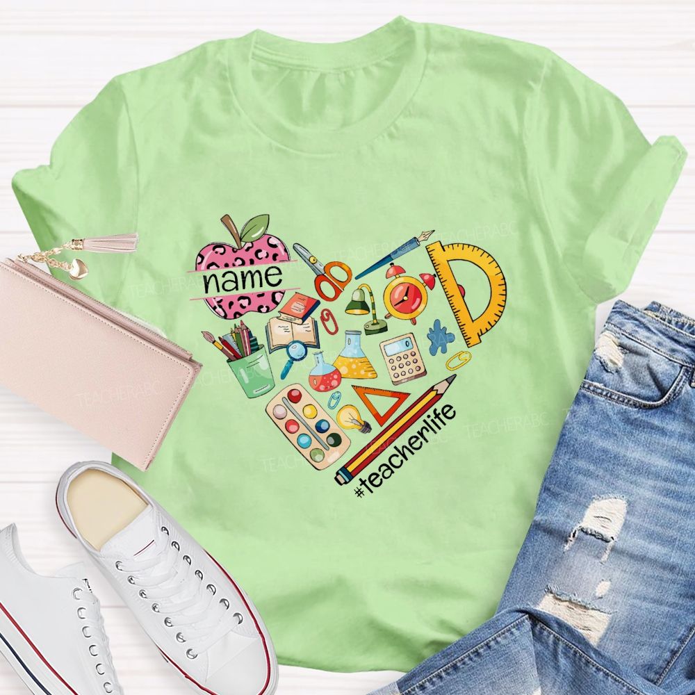 Personalized Name Pink Leopard Apple Back To School Teacher T-Shirt