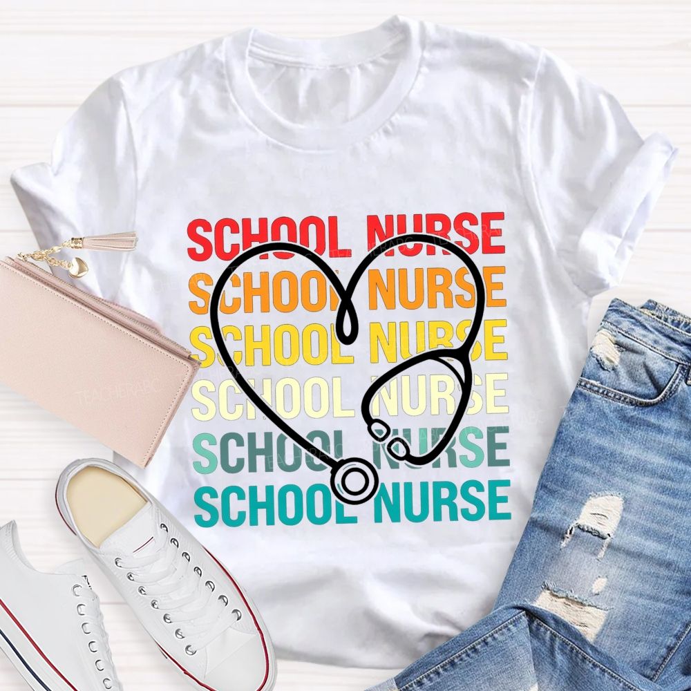 School Nurse Rainbow Heart Stethoscope T-shirt