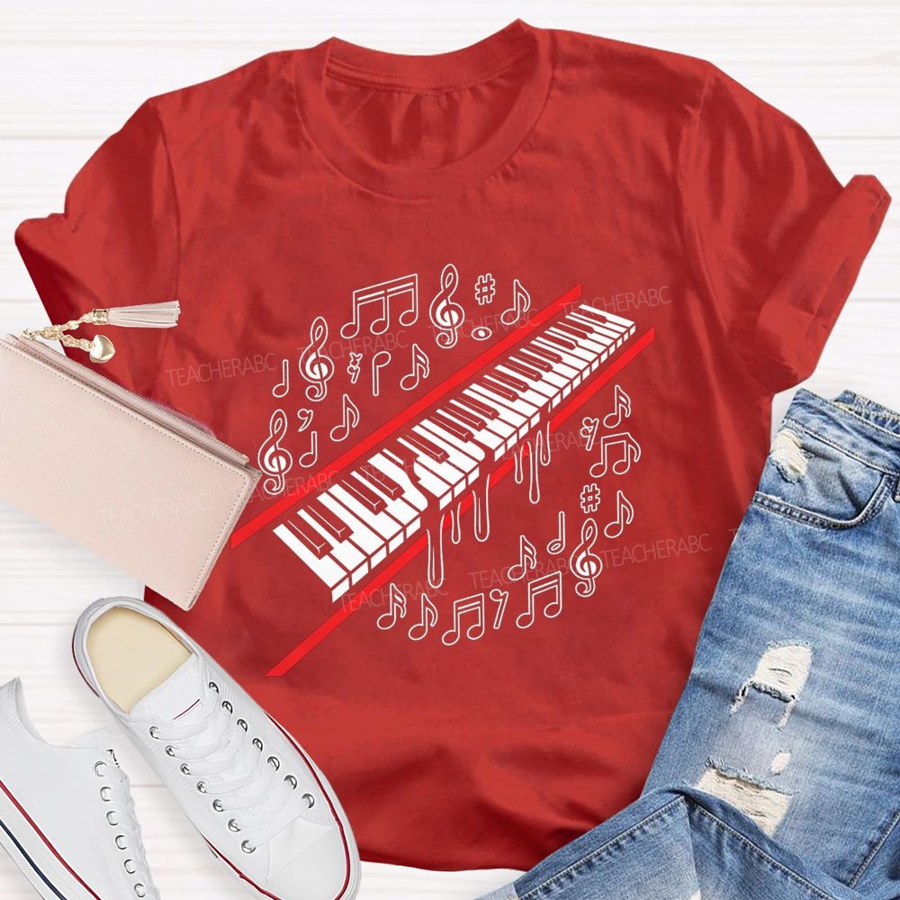 Dripping Piano Keyboard Music Notes Treble Clef Music Teacher T-shirt
