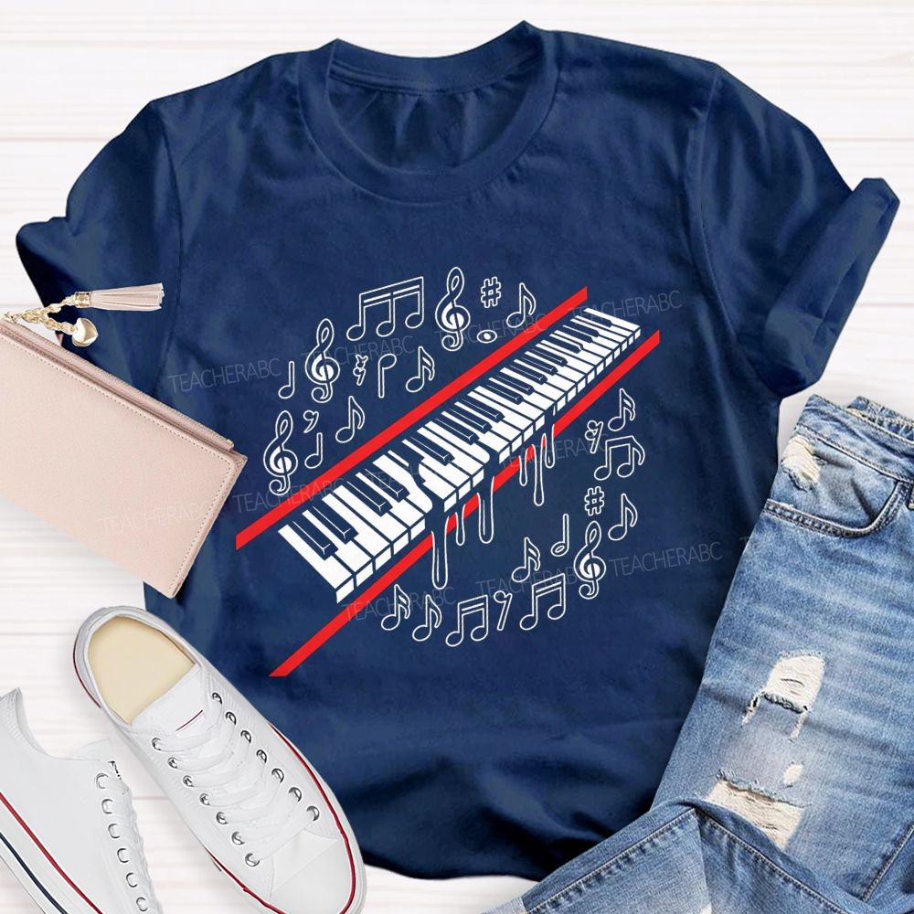 Dripping Piano Keyboard Music Notes Treble Clef Music Teacher T-shirt