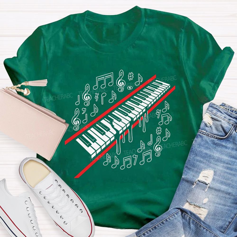 Dripping Piano Keyboard Music Notes Treble Clef Music Teacher T-shirt