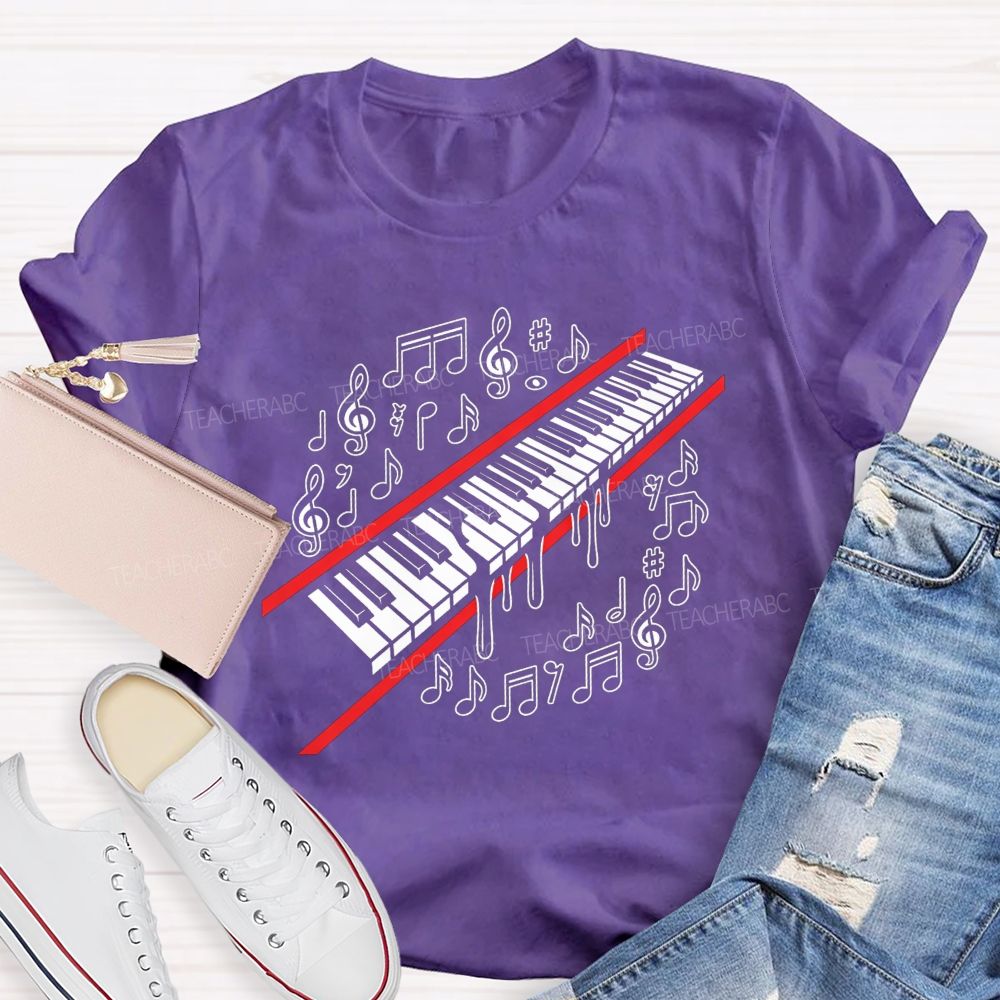 Dripping Piano Keyboard Music Notes Treble Clef Music Teacher T-shirt