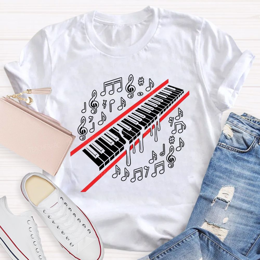 Dripping Piano Keyboard Music Notes Treble Clef Music Teacher T-shirt
