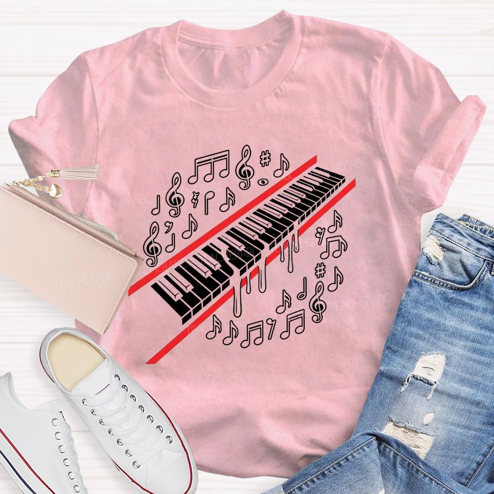 Dripping Piano Keyboard Music Notes Treble Clef Music Teacher T-shirt