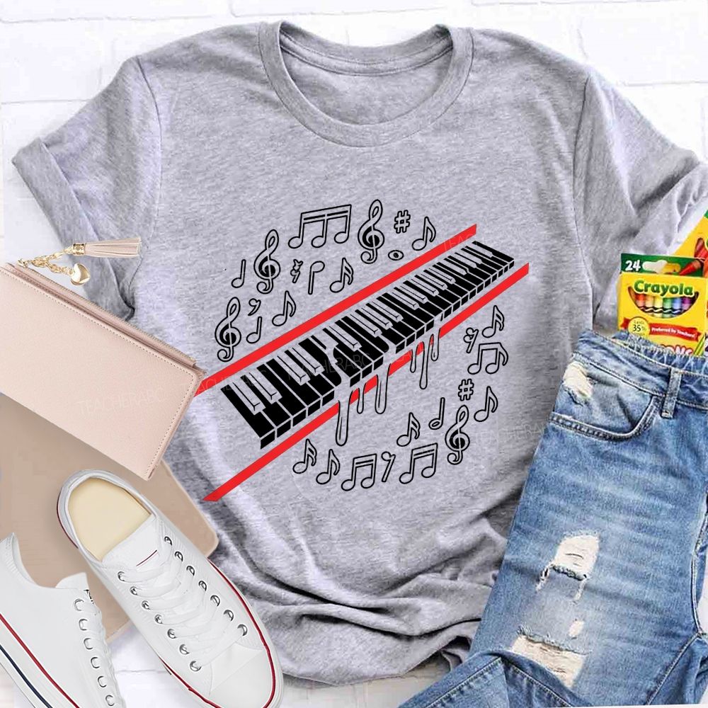 Dripping Piano Keyboard Music Notes Treble Clef Music Teacher T-shirt