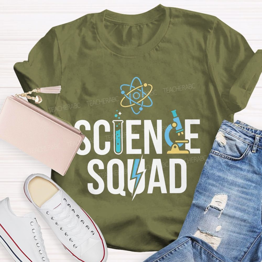 Science Squad Atom Microscope Test Tube Lightning Bolt Science Teacher T-shirt