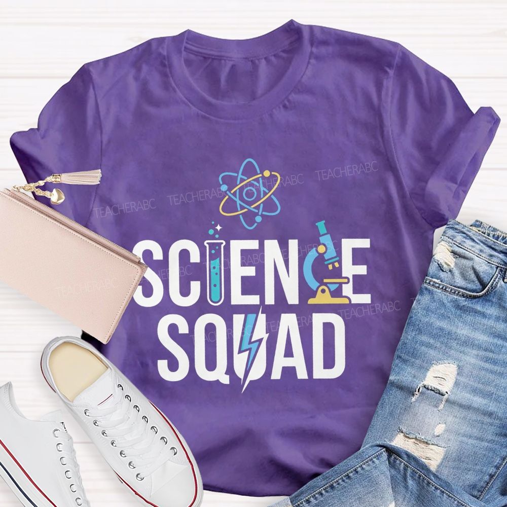 Science Squad Atom Microscope Test Tube Lightning Bolt Science Teacher T-shirt