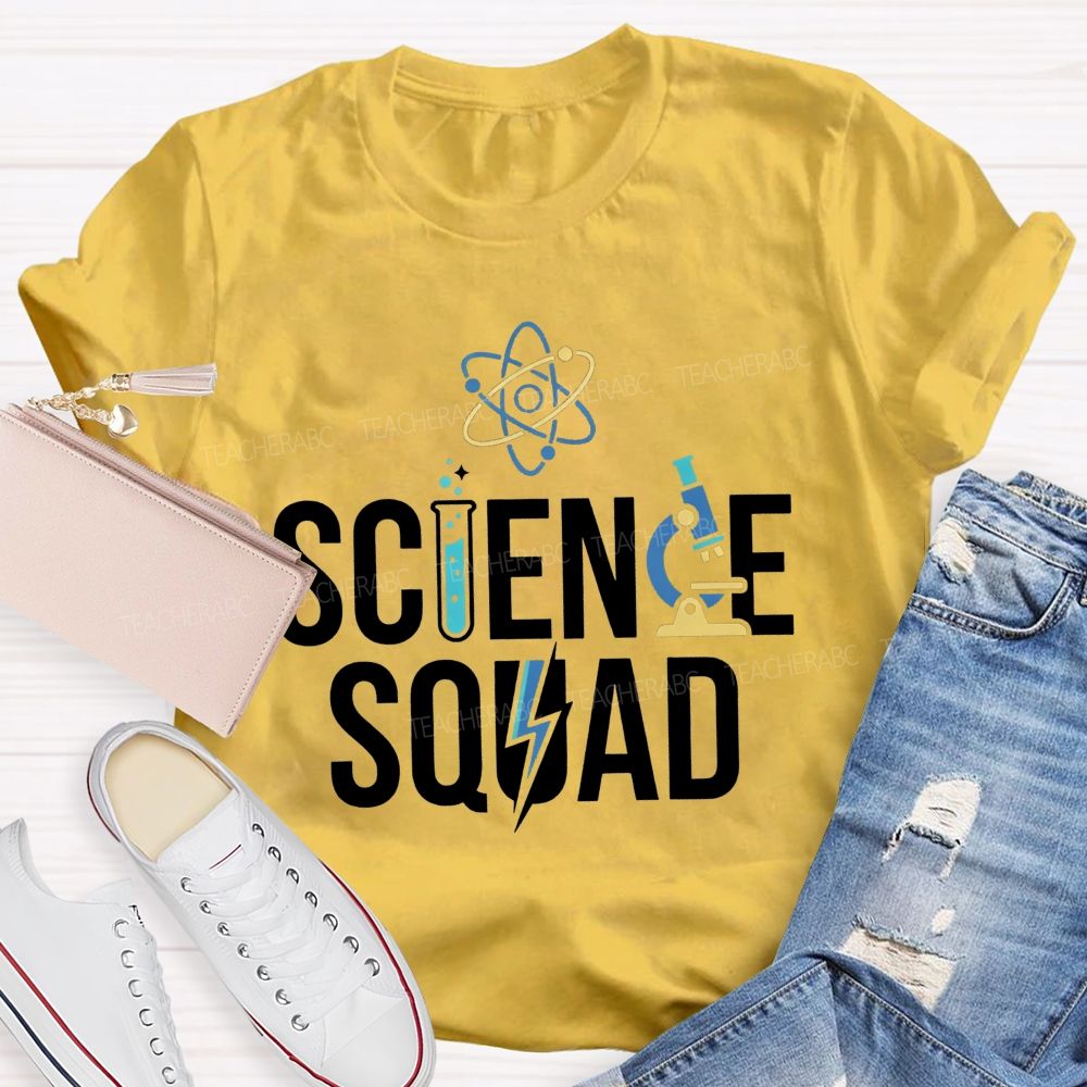 Science Squad Atom Microscope Test Tube Lightning Bolt Science Teacher T-shirt