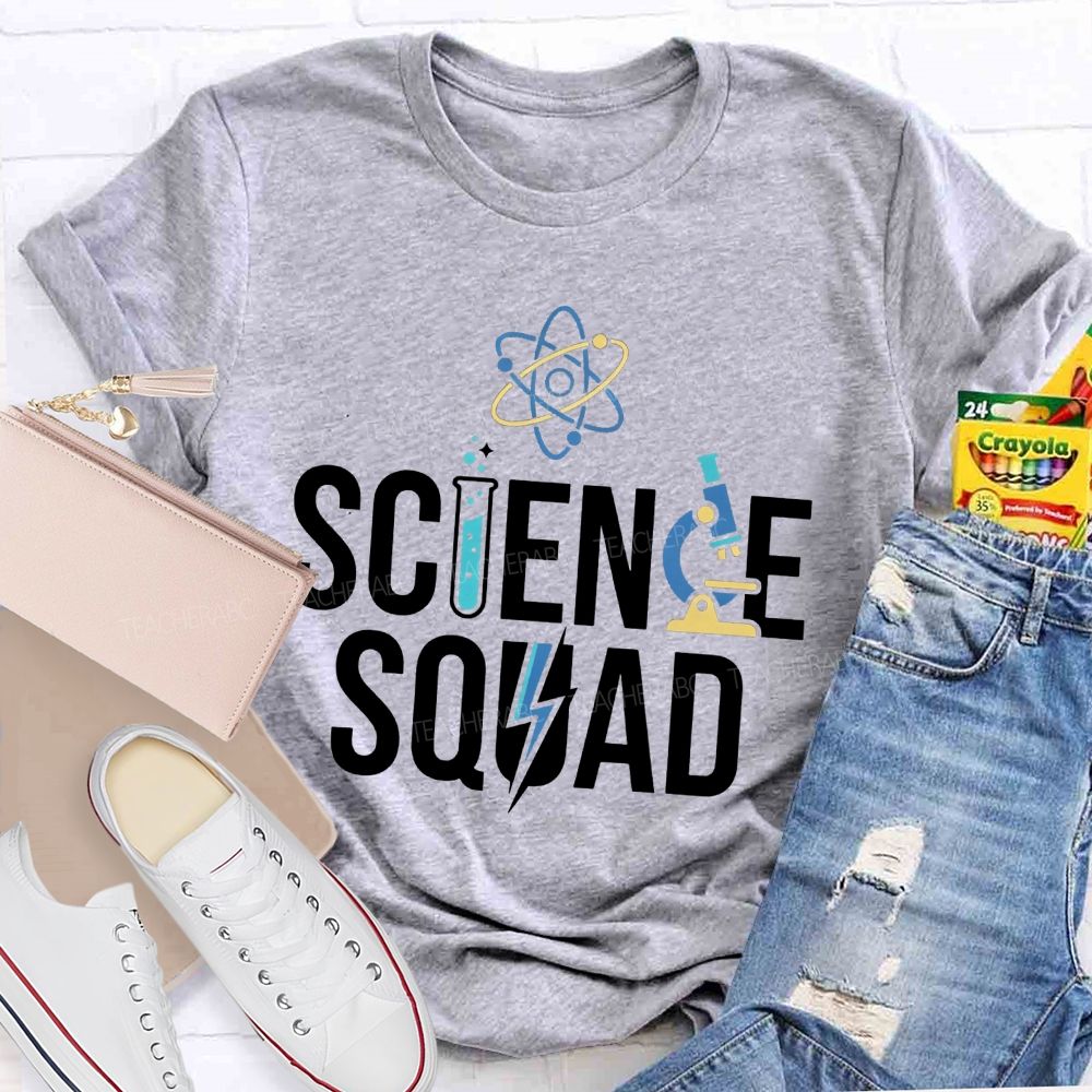 Science Squad Atom Microscope Test Tube Lightning Bolt Science Teacher T-shirt