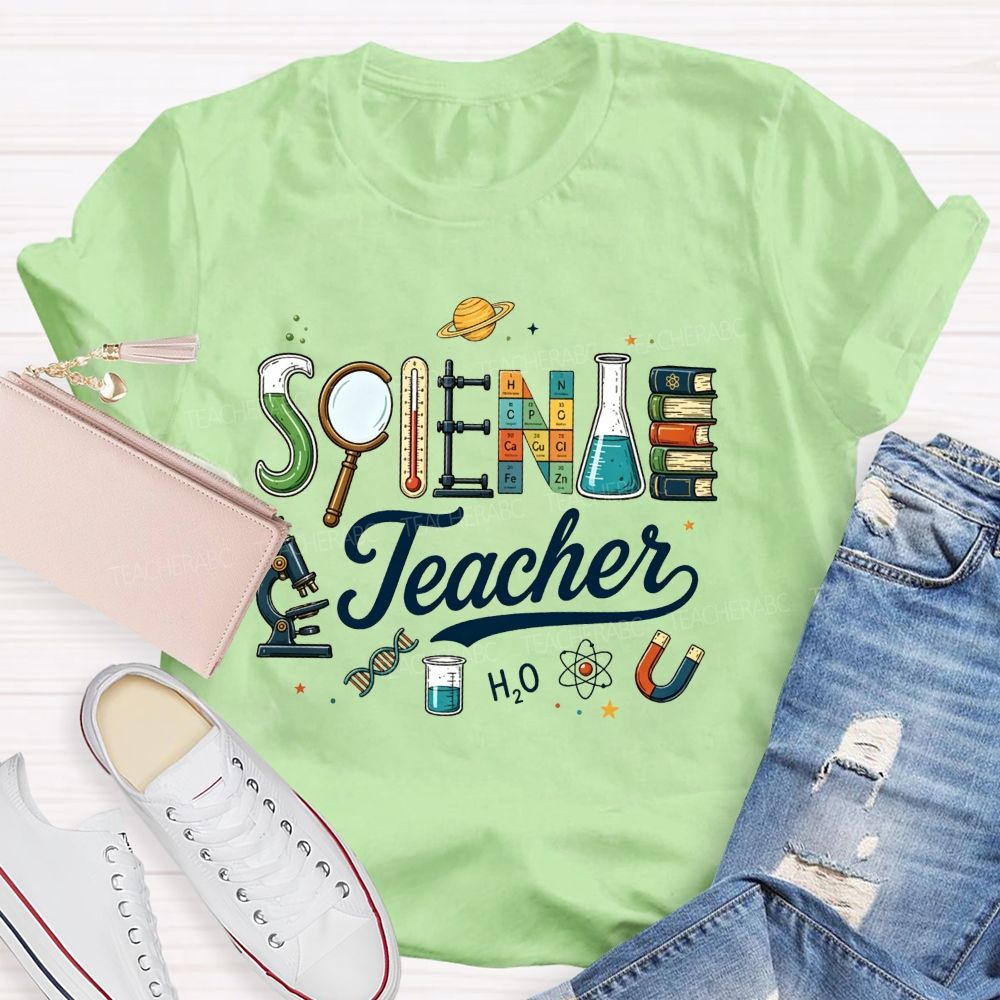 Science Teacher Microscope Periodic Table Planet Lab Equipment T-shirt