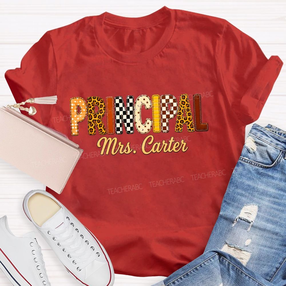 Personalized Principal Name Leopard Letter Teacher T-shirt