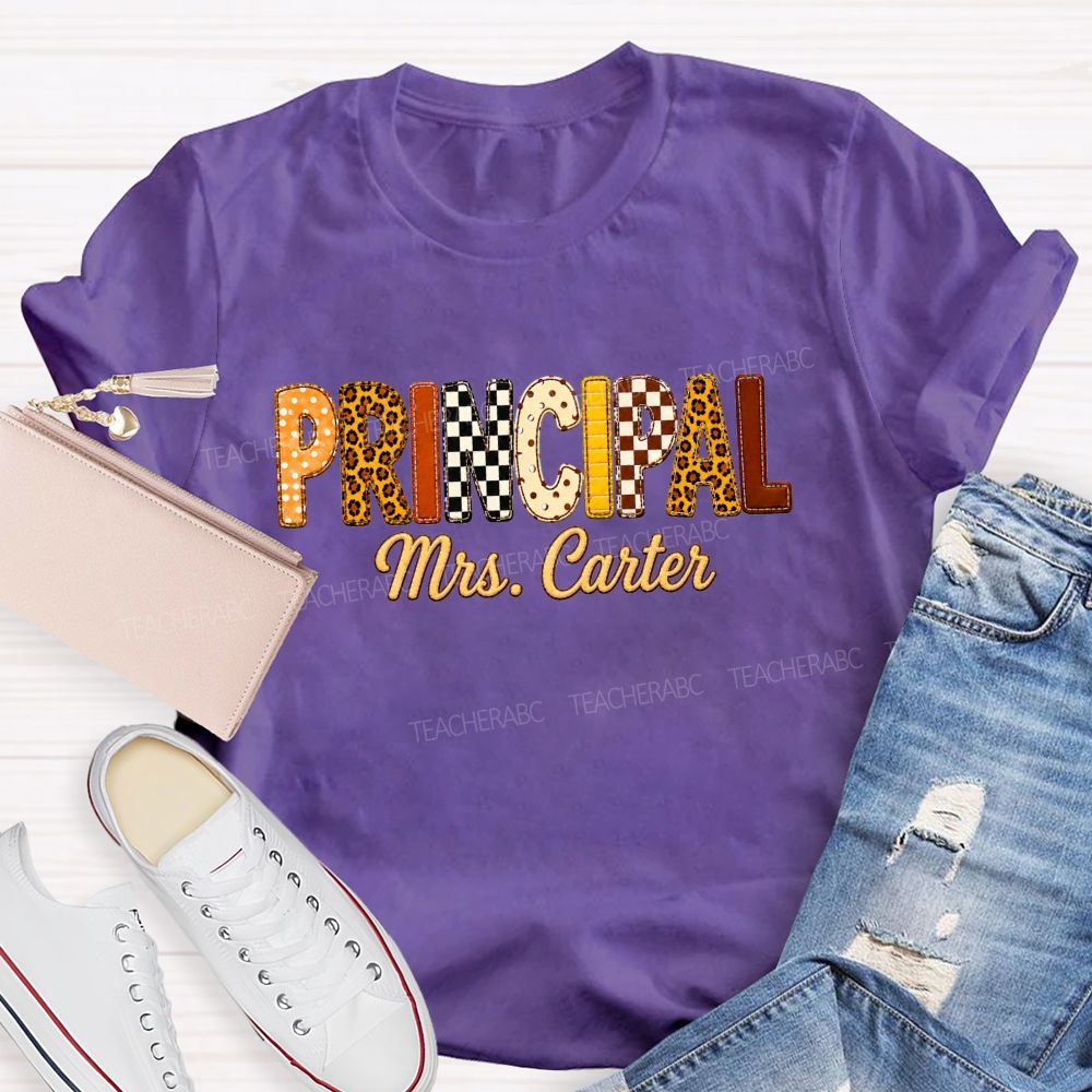 Personalized Principal Name Leopard Letter Teacher T-shirt