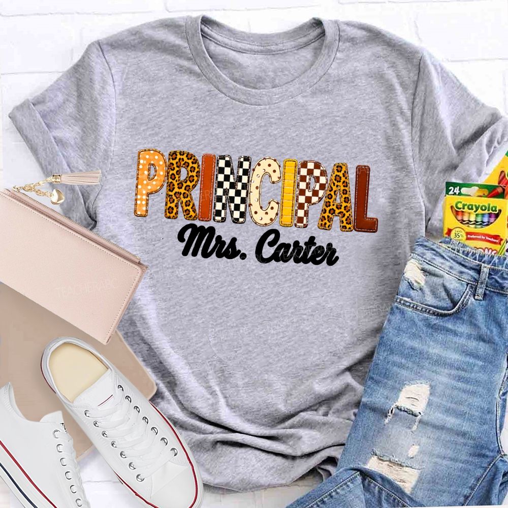 Personalized Principal Name Leopard Letter Teacher T-shirt