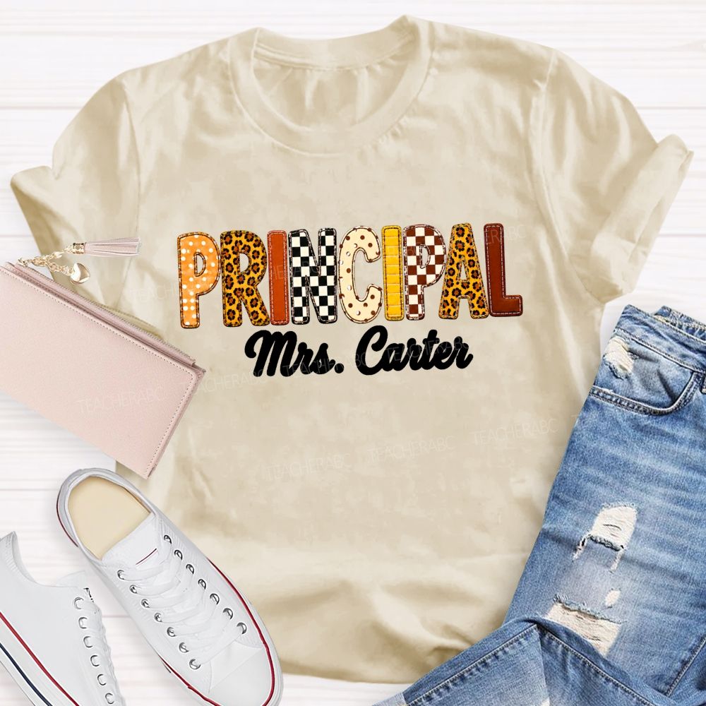 Personalized Principal Name Leopard Letter Teacher T-shirt