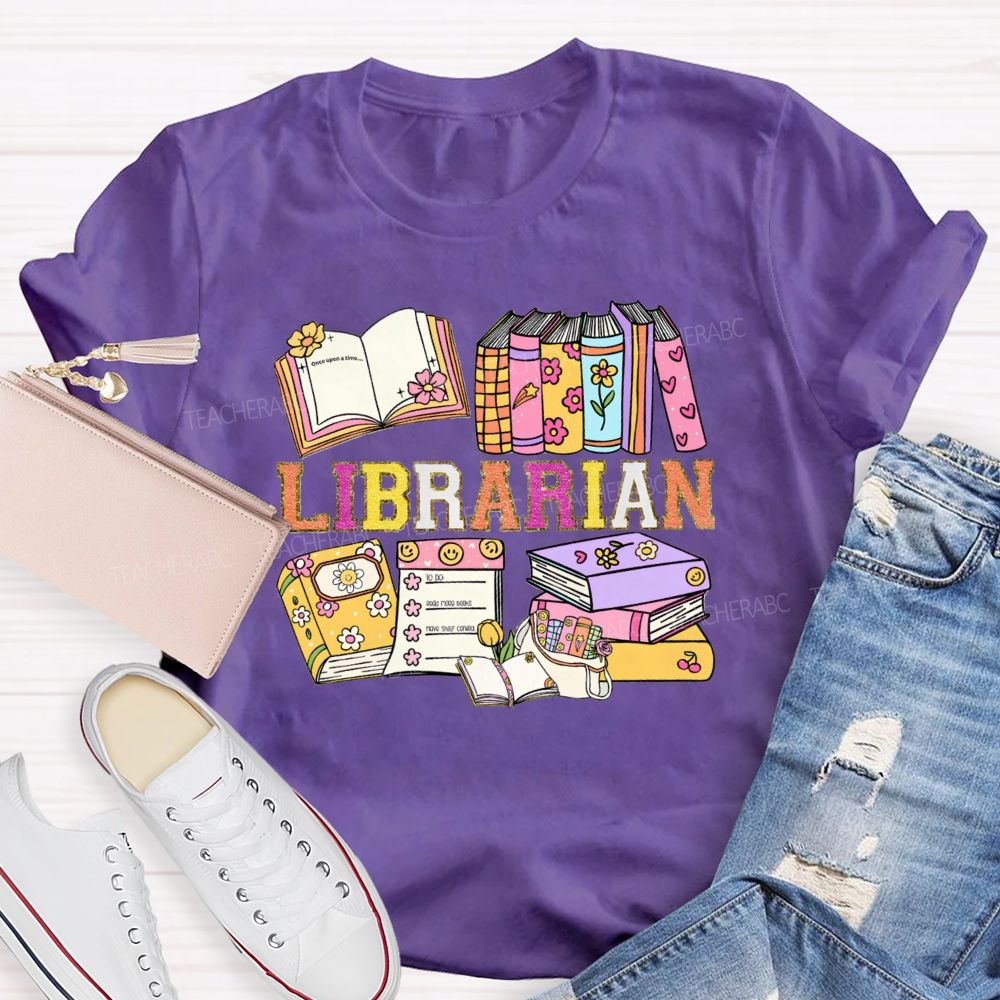 Librarian Glitter Letter Books Teacher T-shirt