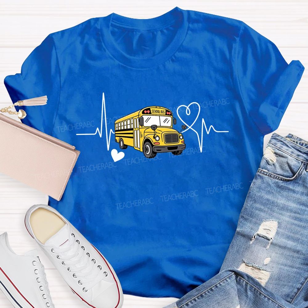 Yellow School Bus Ecg Heartbeat Line Love Heart T-shirt