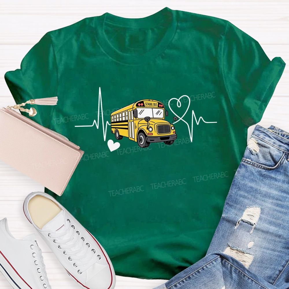 Yellow School Bus Ecg Heartbeat Line Love Heart T-shirt