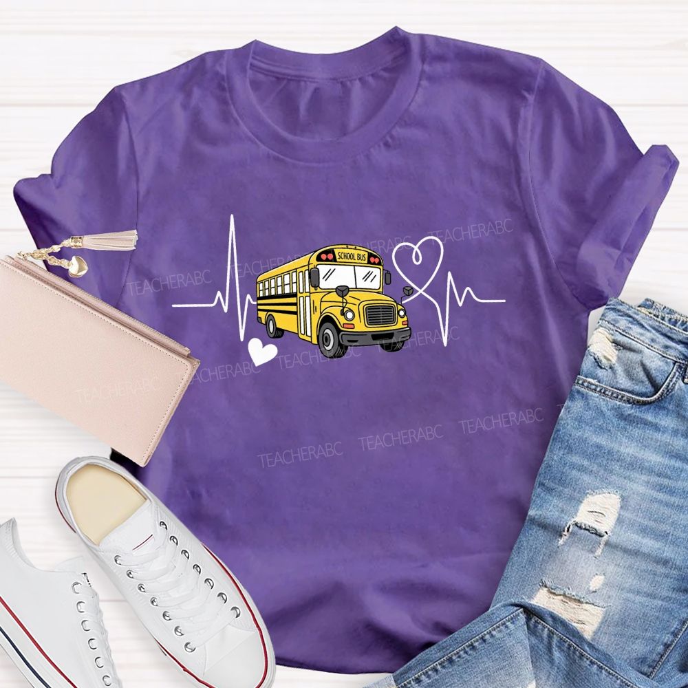 Yellow School Bus Ecg Heartbeat Line Love Heart T-shirt