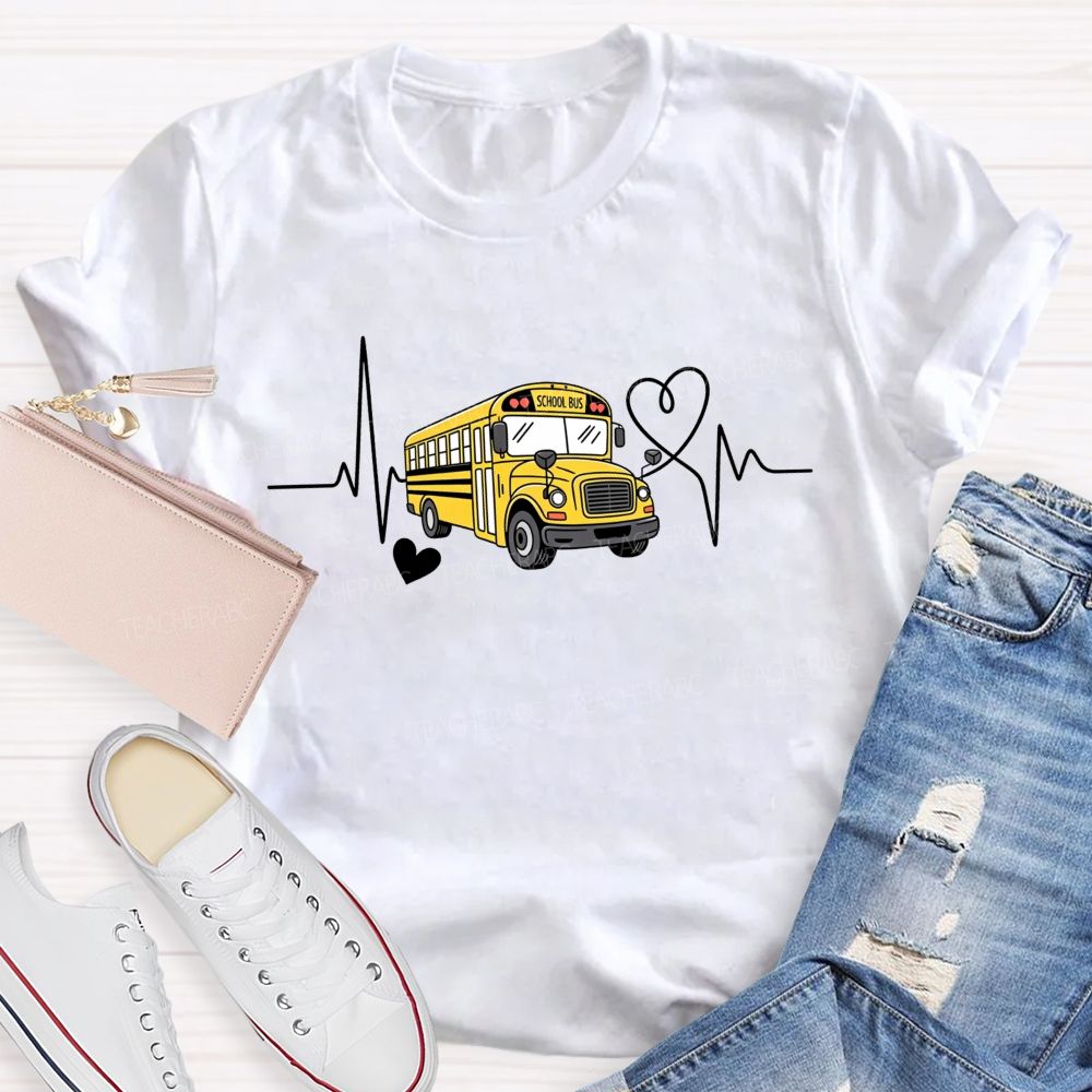 Yellow School Bus Ecg Heartbeat Line Love Heart T-shirt