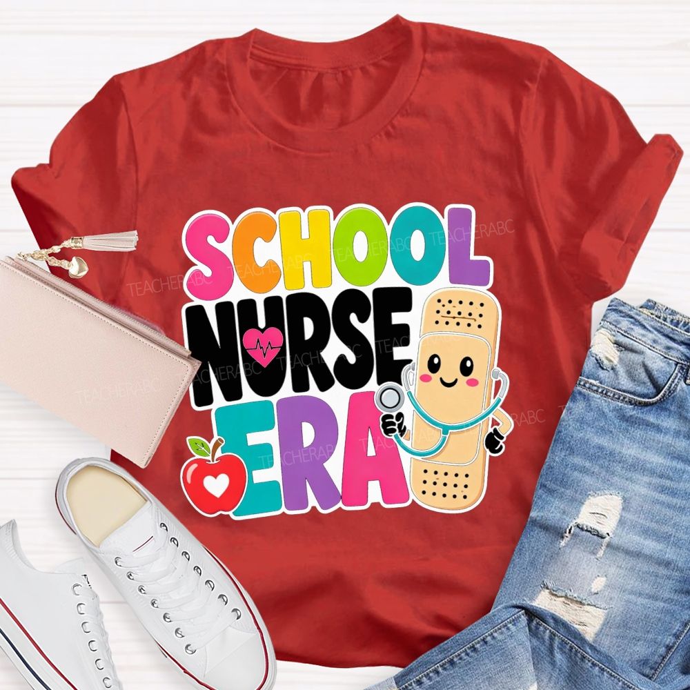 School Nurse Era Cartoon Bandaid Character Red Apple T-shirt