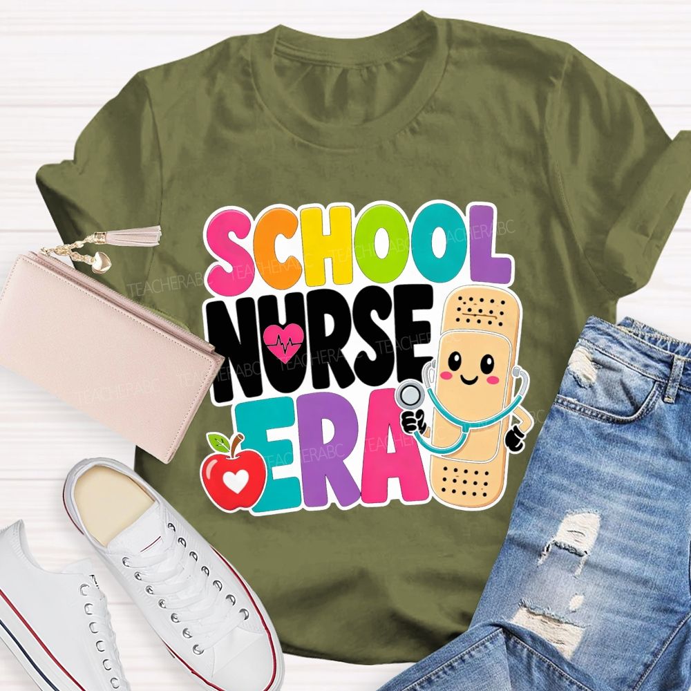 School Nurse Era Cartoon Bandaid Character Red Apple T-shirt