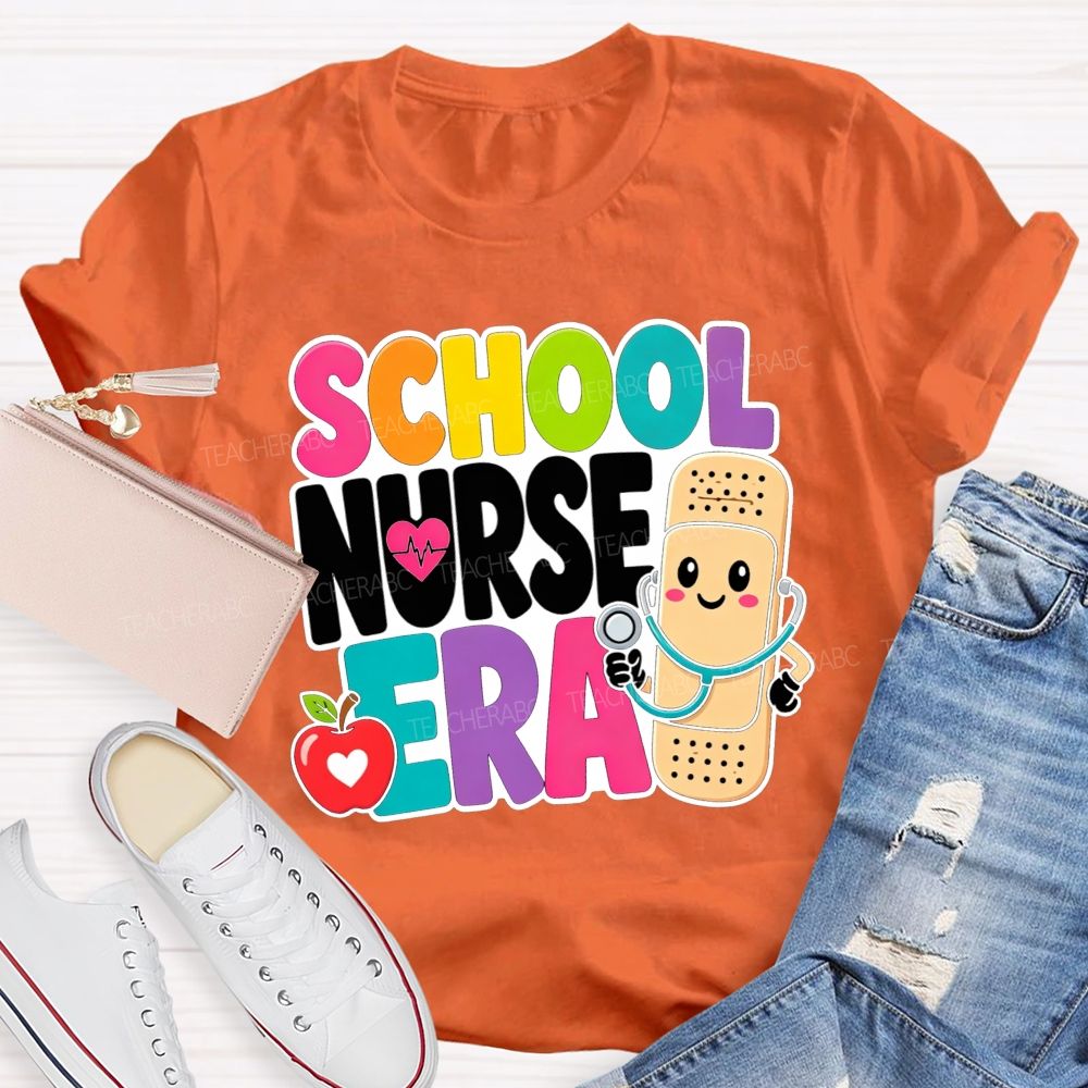 School Nurse Era Cartoon Bandaid Character Red Apple T-shirt