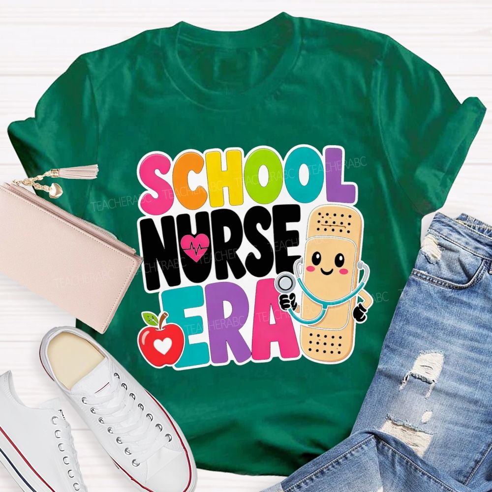 School Nurse Era Cartoon Bandaid Character Red Apple T-shirt