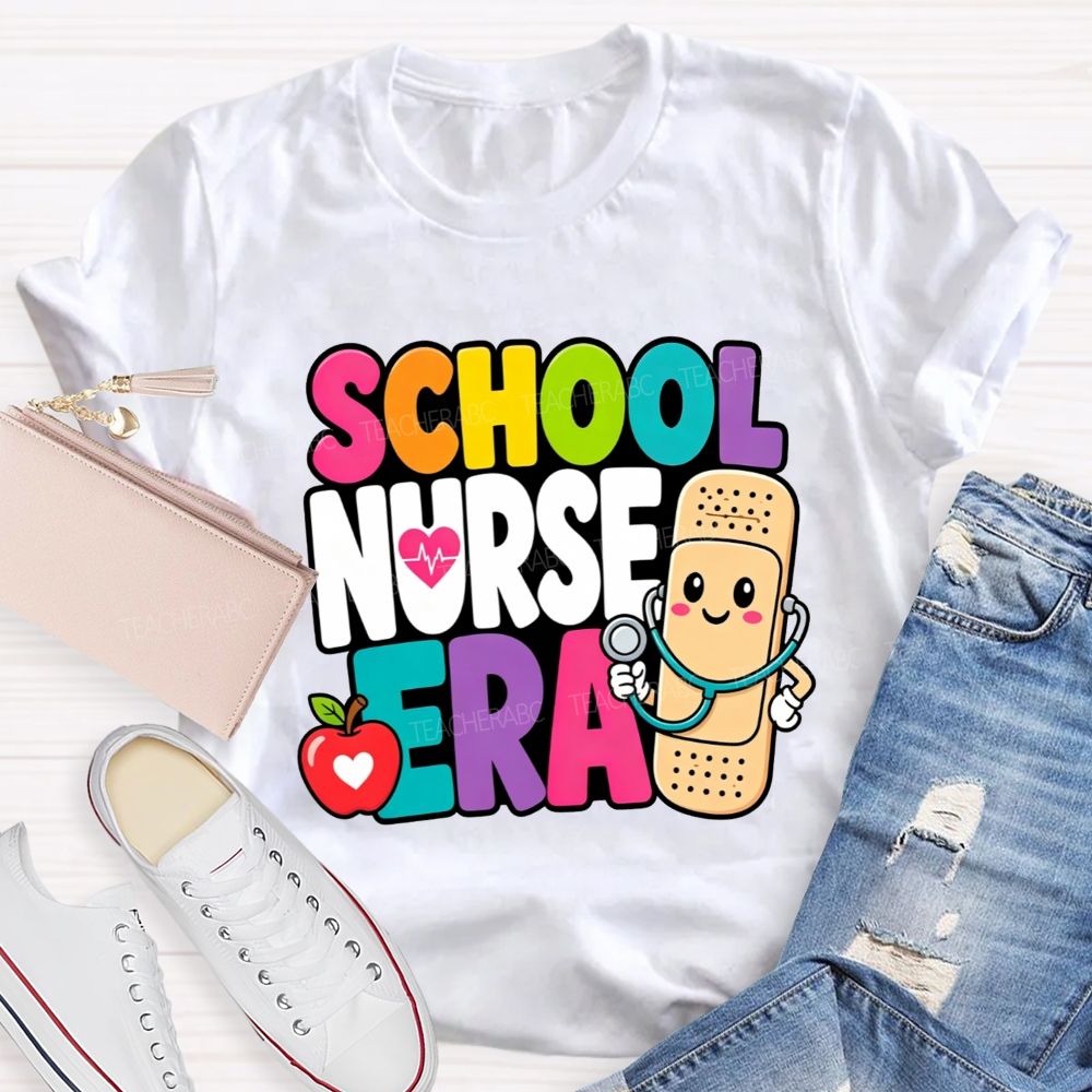 School Nurse Era Cartoon Bandaid Character Red Apple T-shirt
