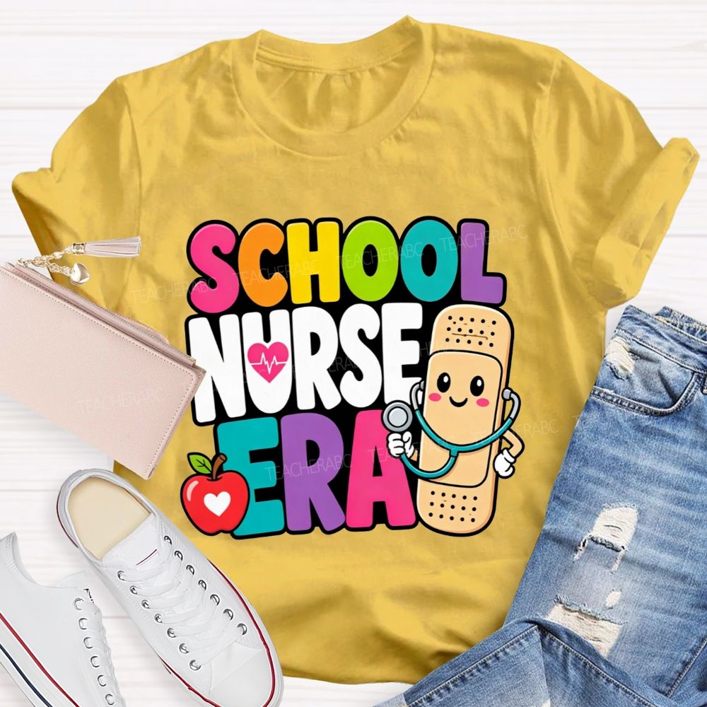 School Nurse Era Cartoon Bandaid Character Red Apple T-shirt