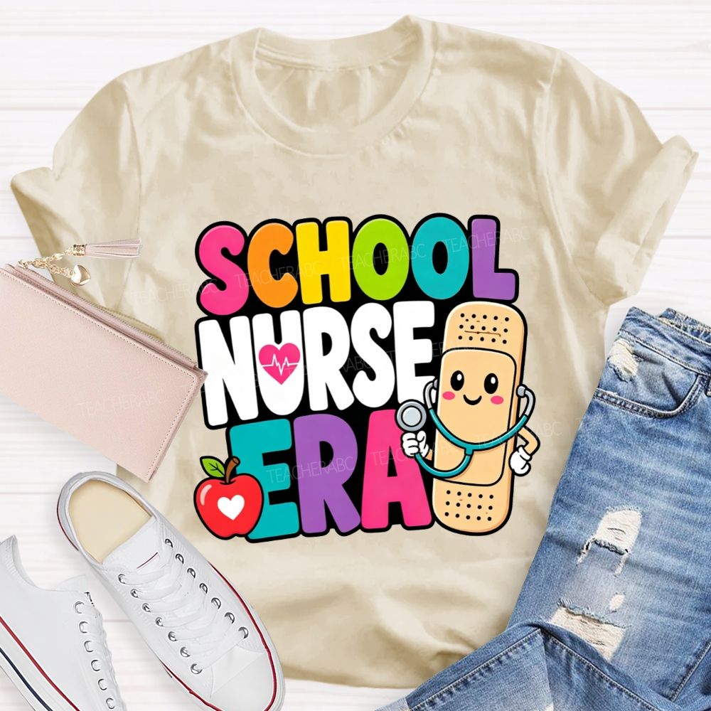 School Nurse Era Cartoon Bandaid Character Red Apple T-shirt