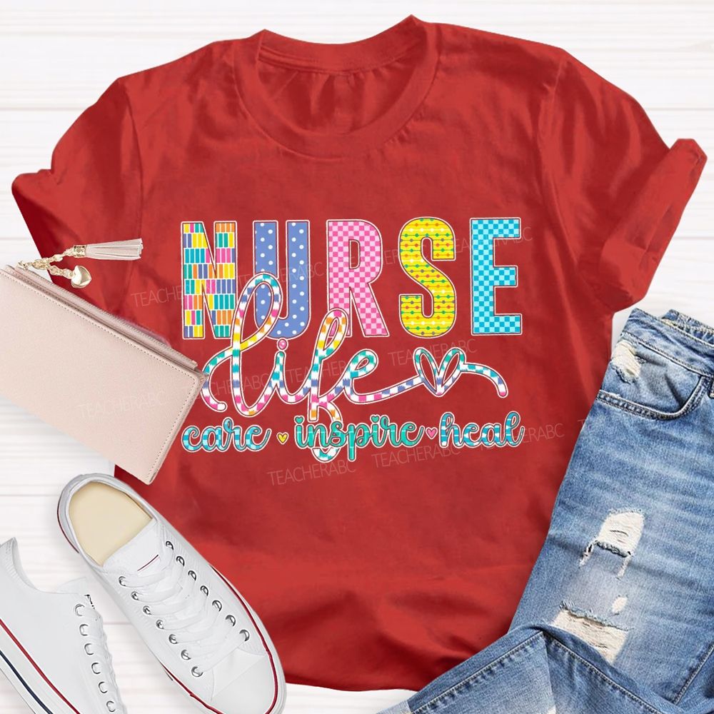 Nurse Life Care Inspire Heal Colorful Checkered Plaid T-shirt