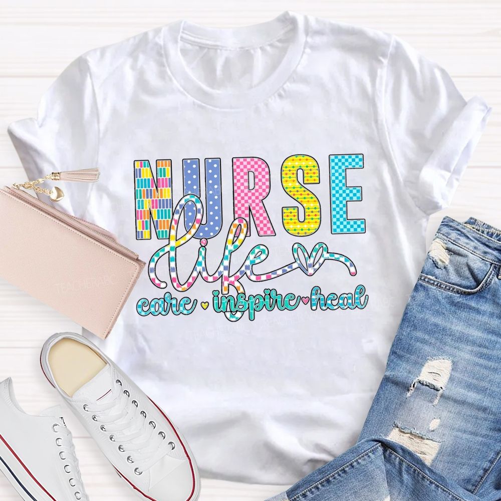 Nurse Life Care Inspire Heal Colorful Checkered Plaid T-shirt