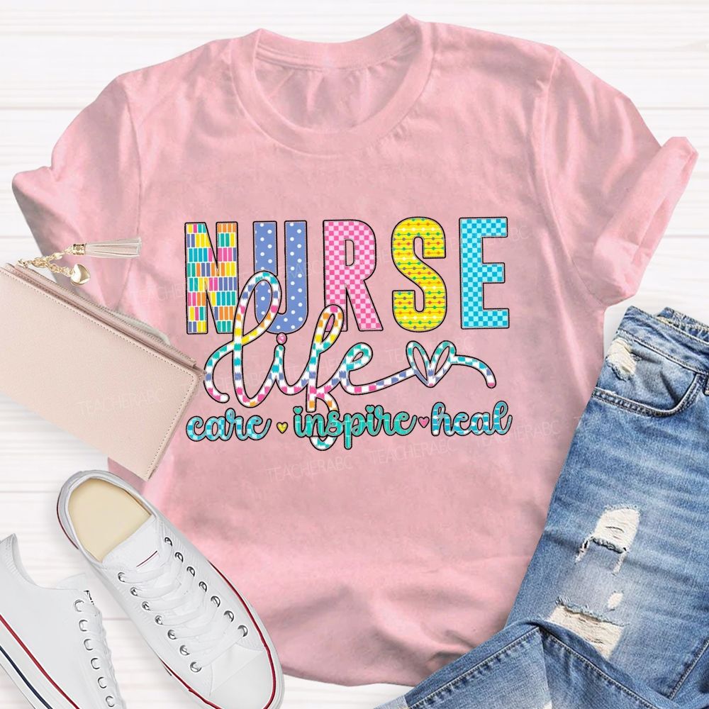 Nurse Life Care Inspire Heal Colorful Checkered Plaid T-shirt