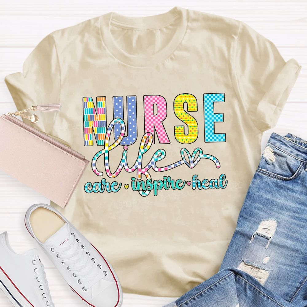 Nurse Life Care Inspire Heal Colorful Checkered Plaid T-shirt