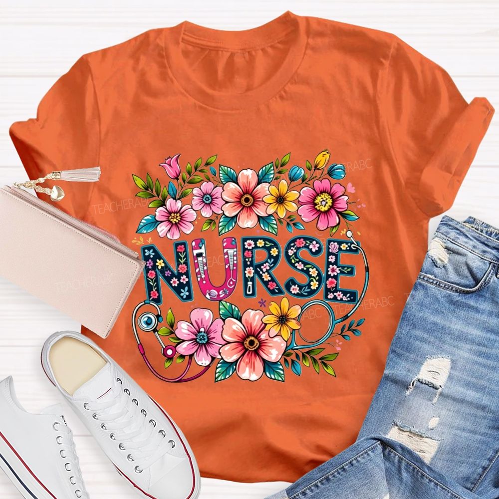 Nurse Lettering Wildflowers Stethoscope Boho Flower T-shirt