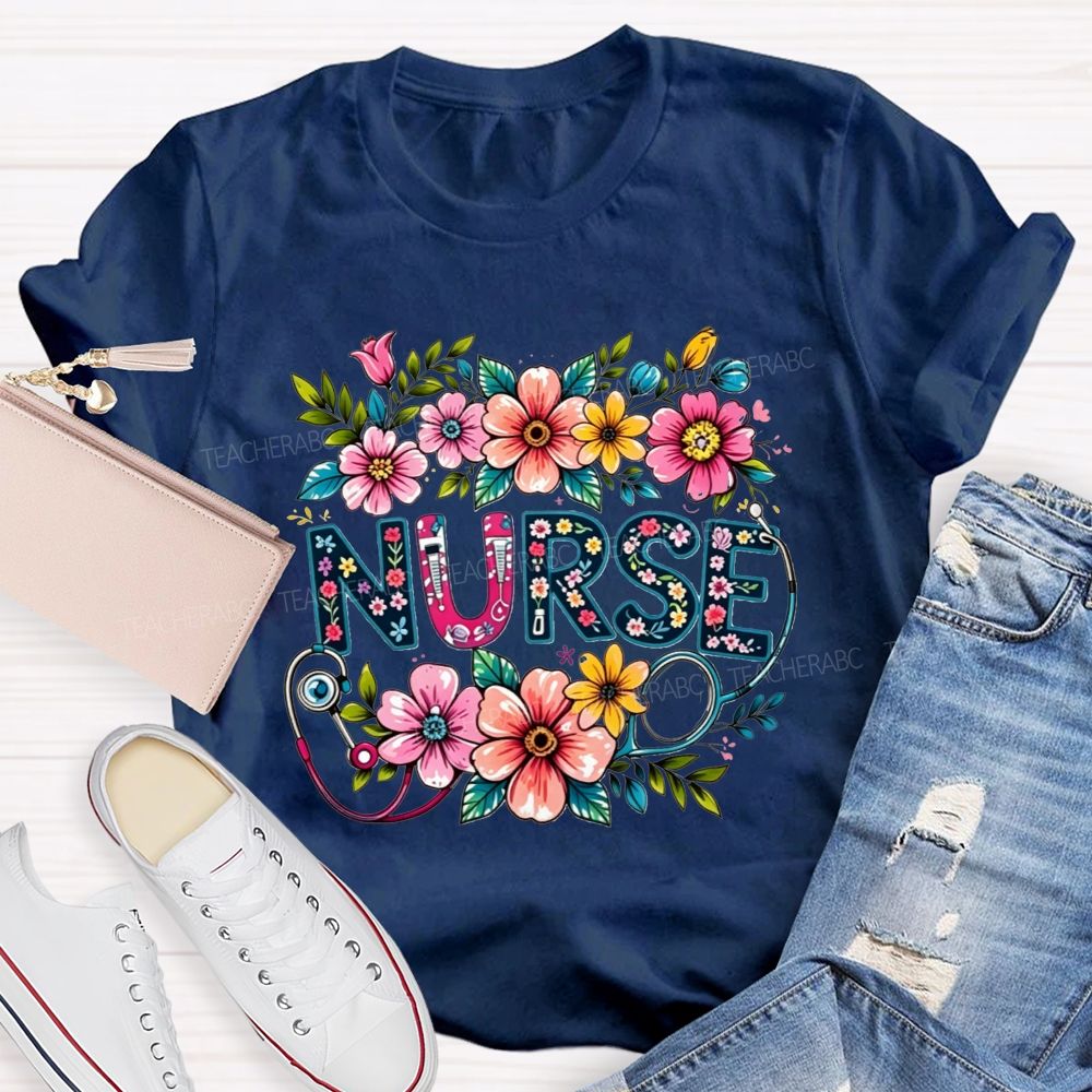 Nurse Lettering Wildflowers Stethoscope Boho Flower T-shirt