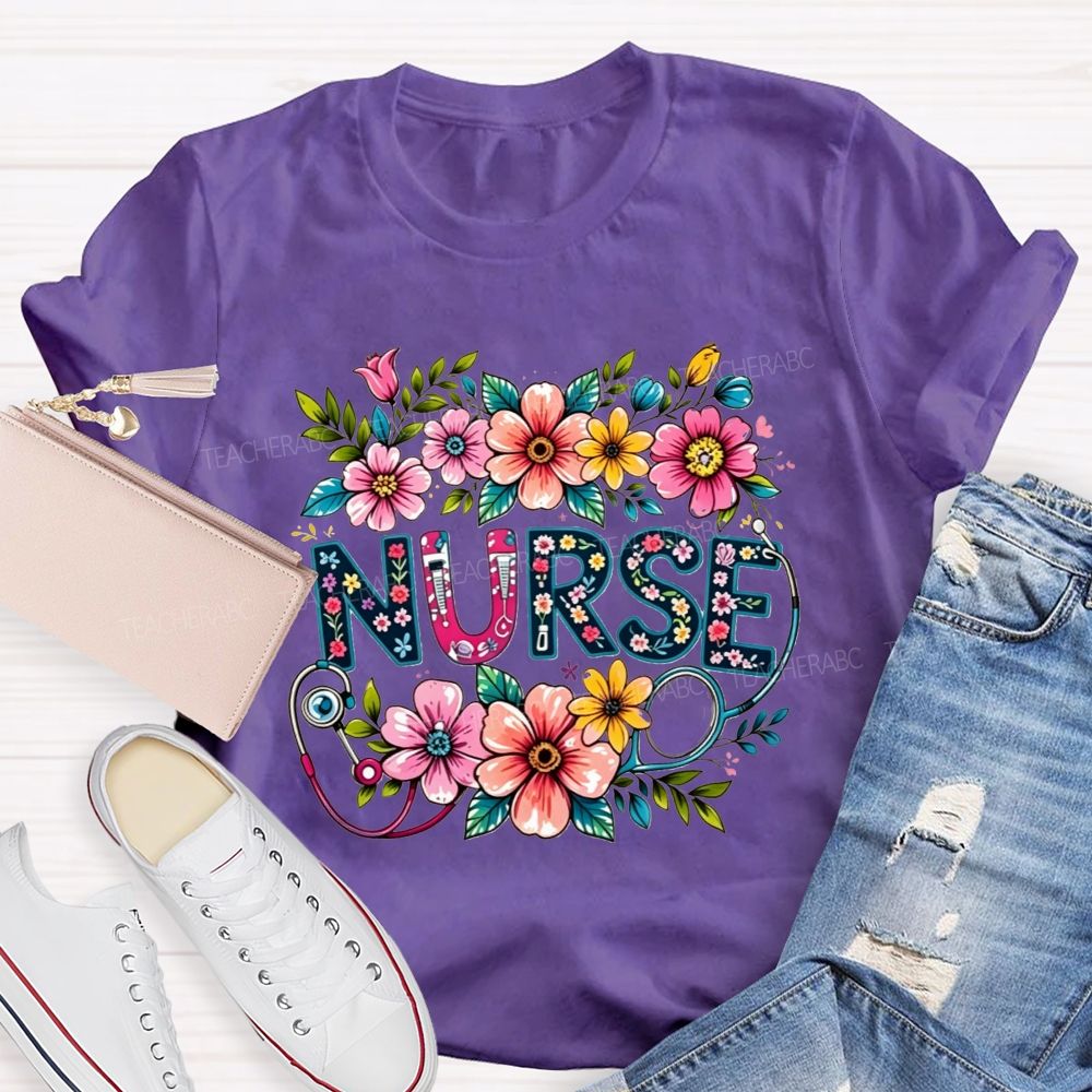 Nurse Lettering Wildflowers Stethoscope Boho Flower T-shirt