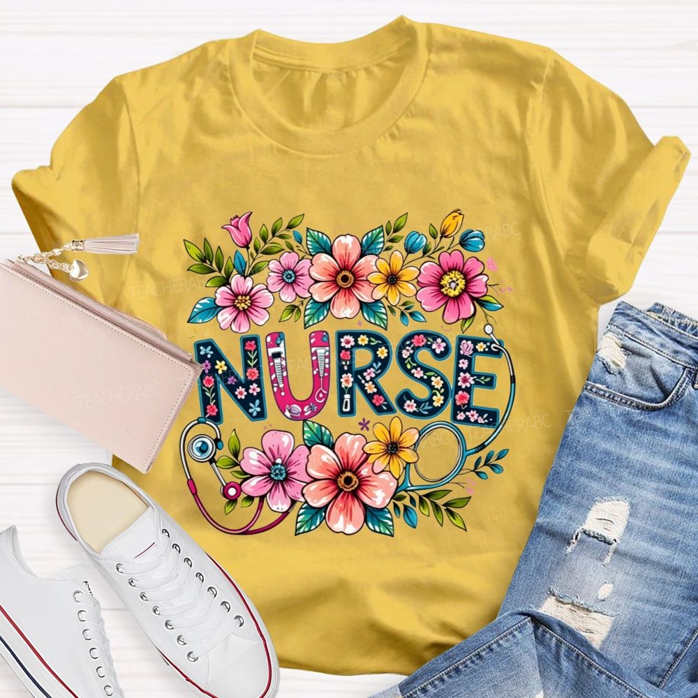 Nurse Lettering Wildflowers Stethoscope Boho Flower T-shirt