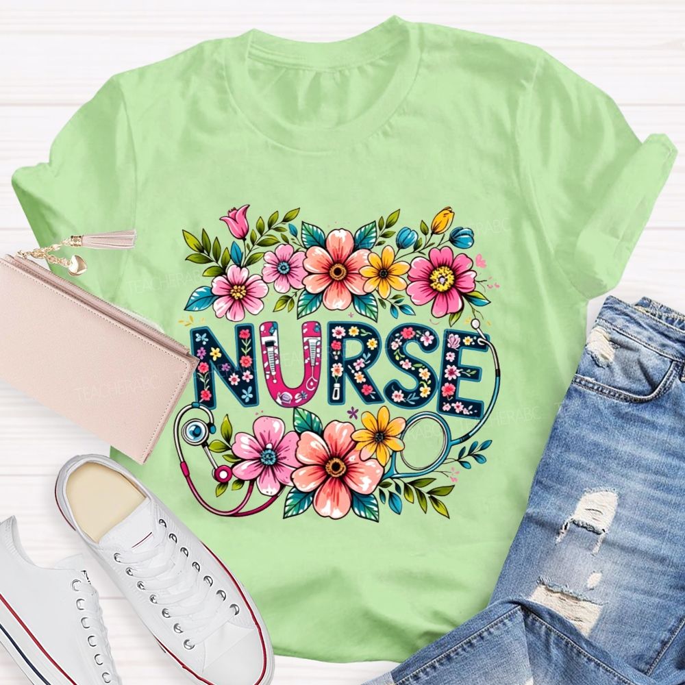 Nurse Lettering Wildflowers Stethoscope Boho Flower T-shirt