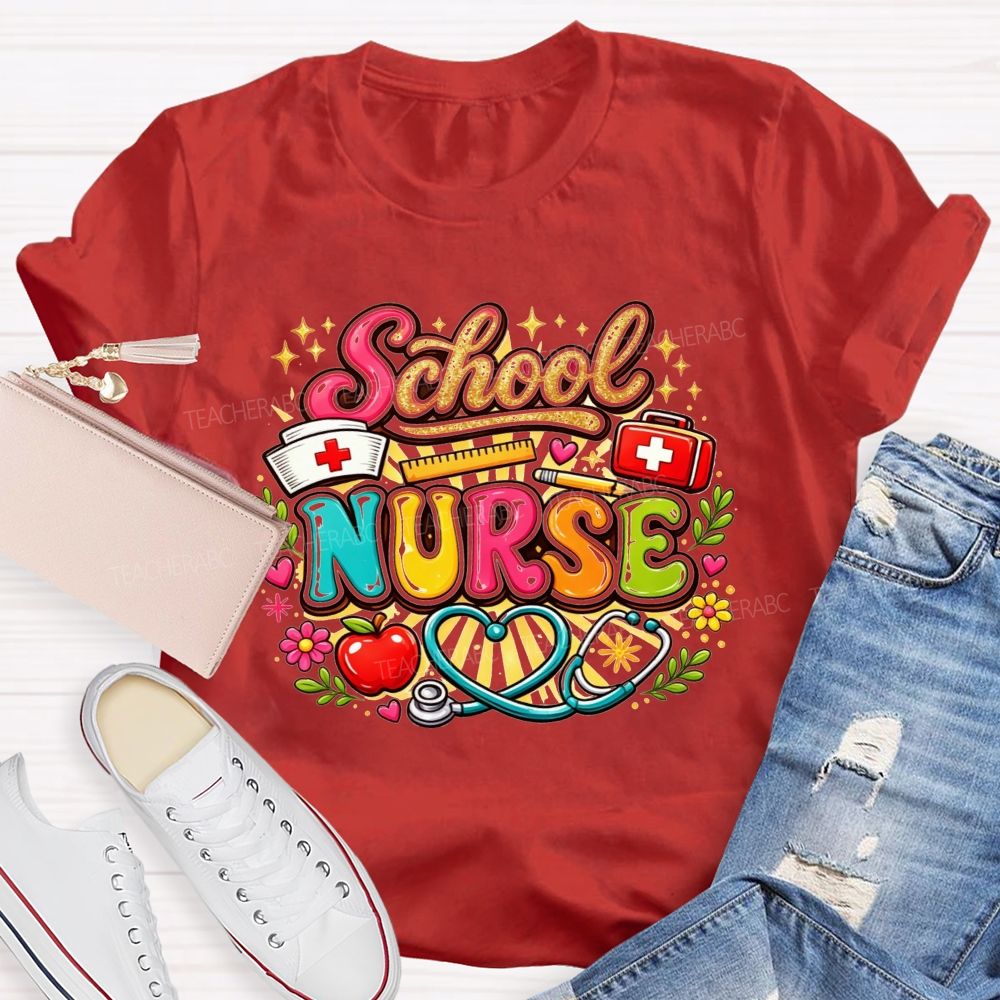 School Nurse Graphic Stethoscope Nurse Cap Apple T-shirt