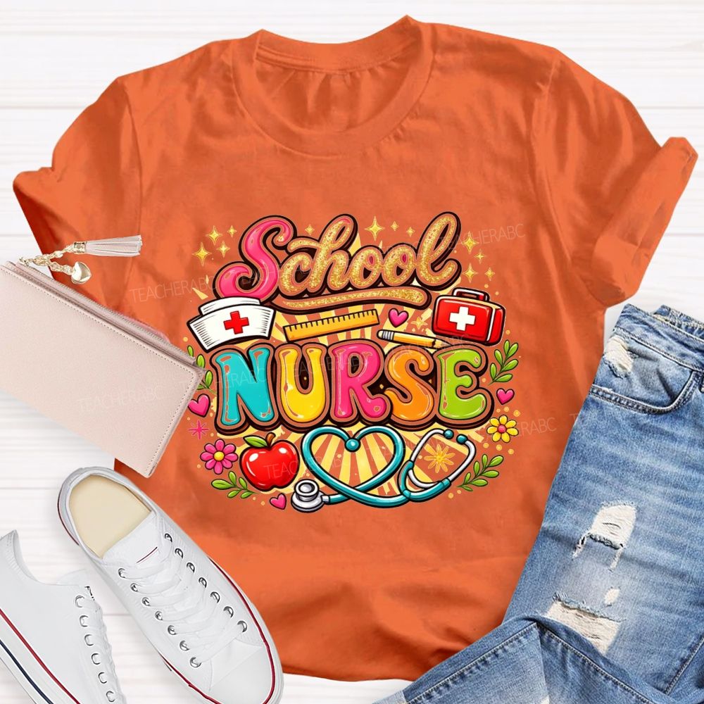 School Nurse Graphic Stethoscope Nurse Cap Apple T-shirt