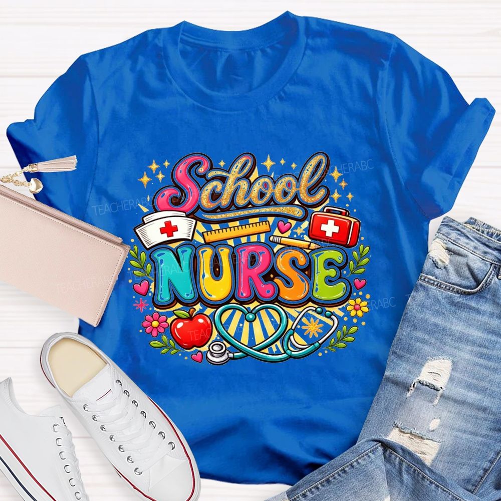 School Nurse Graphic Stethoscope Nurse Cap Apple T-shirt