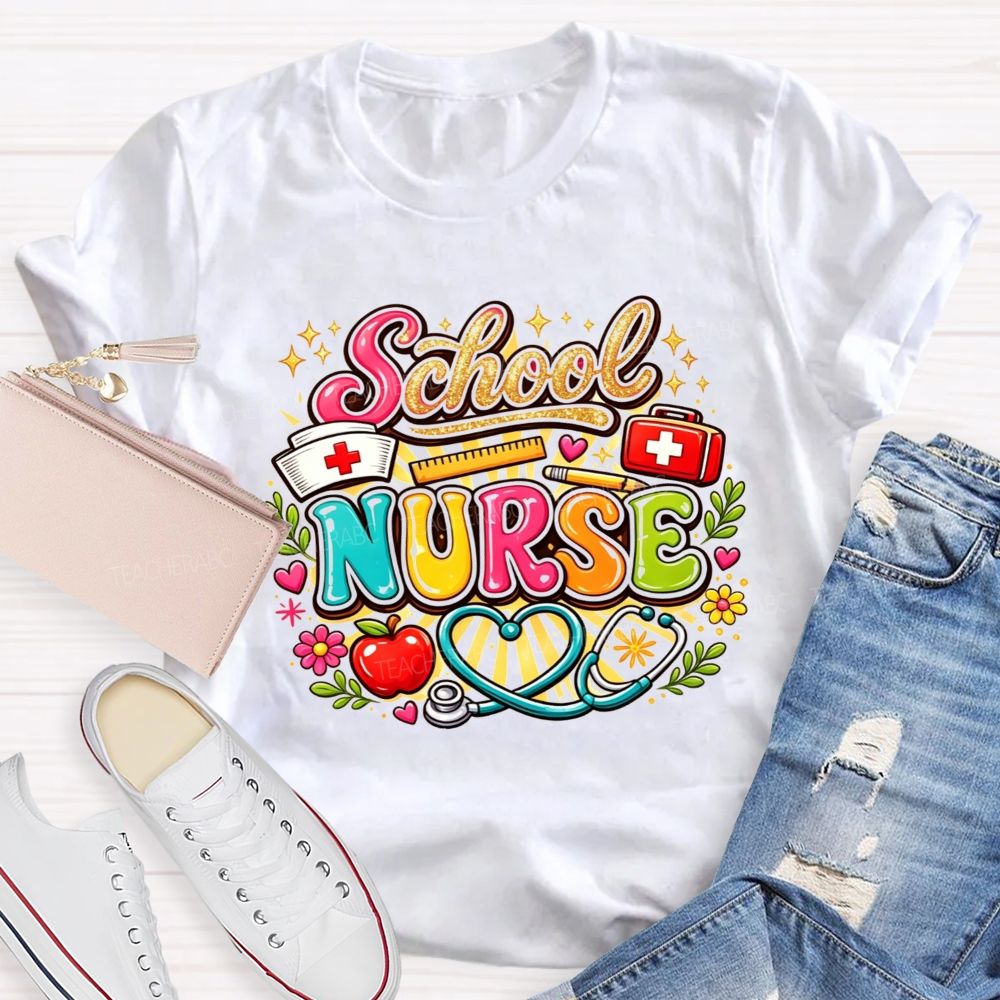 School Nurse Graphic Stethoscope Nurse Cap Apple T-shirt